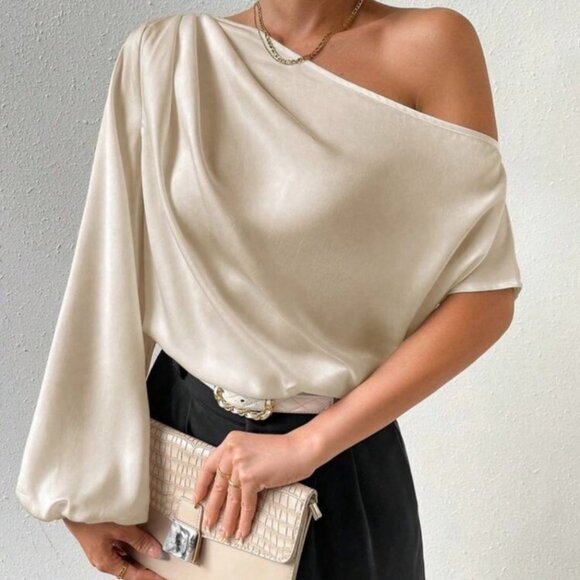 SHEIN Tops - Shein One Sleeve Ruche Drape Champagne Blouse Top Off Shoulder Asymmetrical Neck